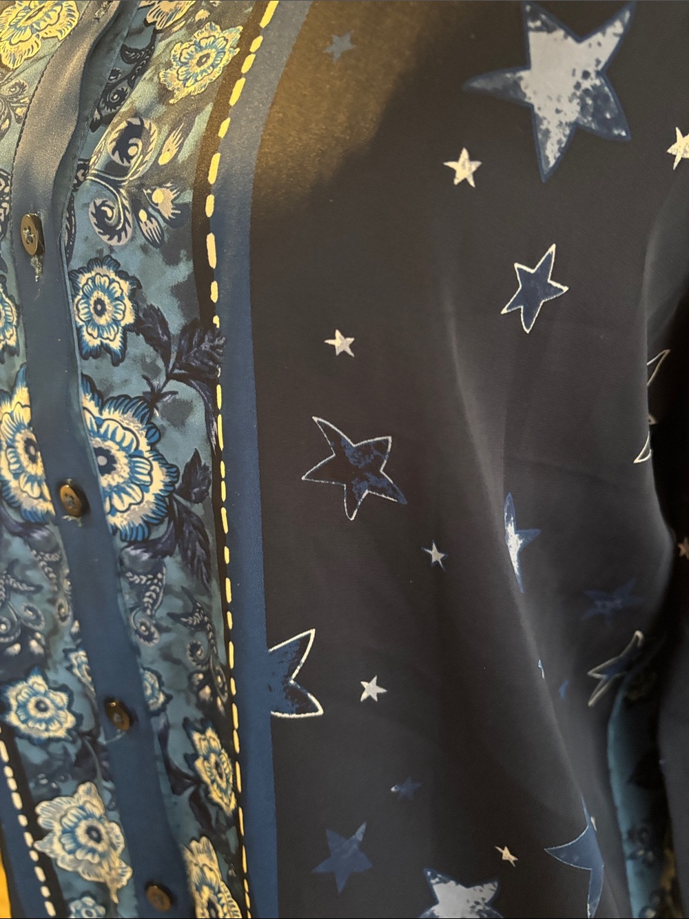 Rachel Zoe Celestial Star Print Floral Blouse Silky Button Up Long Sleeve Navy - Picture 3 of 6